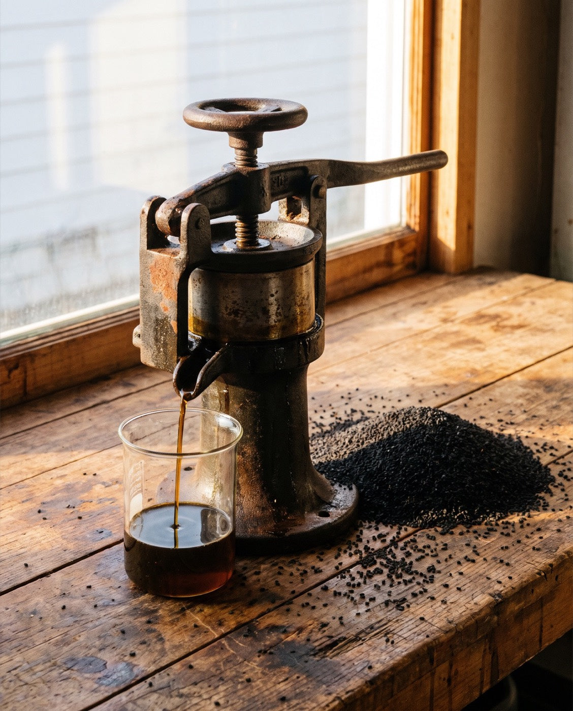 Oil running from a hand press into a glass