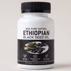 White bottle of Ethiopian black seed oil softgels, 60 count