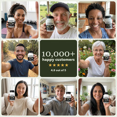 Eight people holding the bottle and smiling, 10,000+ happy customers in the middle
