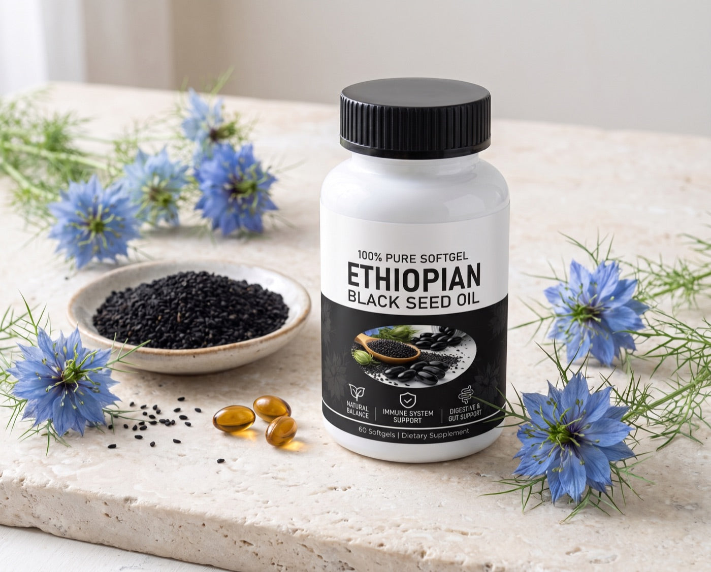 A bottle of black seed oil softgels among blue nigella flowers, a dish of seeds and softgels