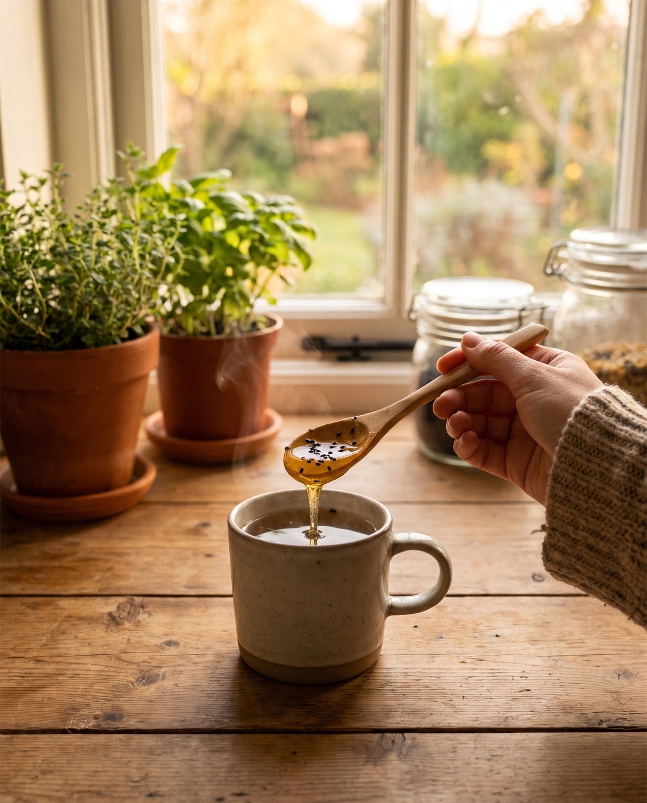 A spoon of honey and black seeds held over a cup of tea